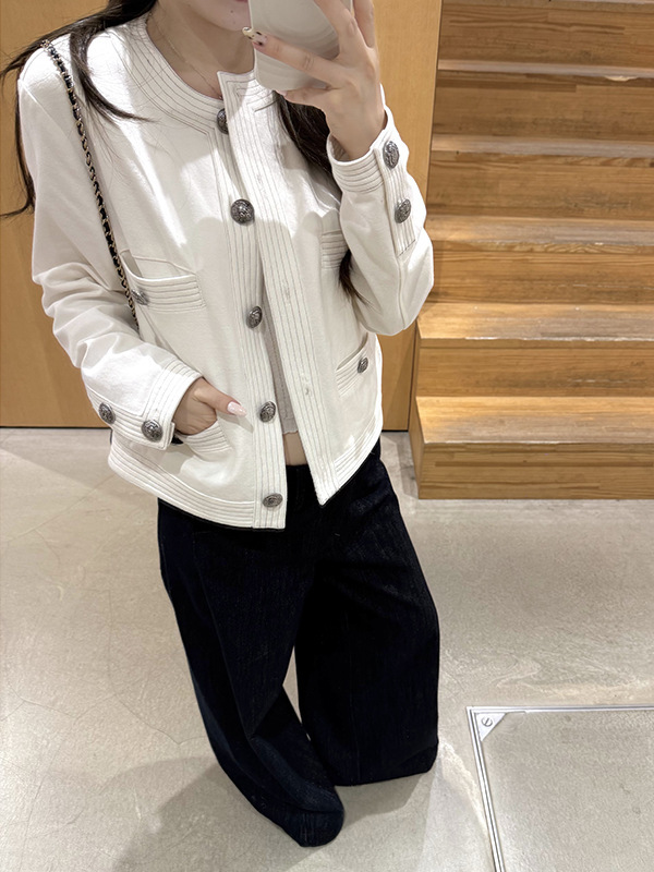 中古香香 白色明线撞色小香牛仔短外套女秋夹克|undefined