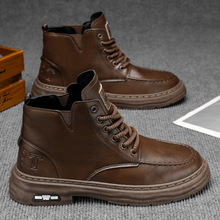 秋季男士皮面防滑短靴子英伦休闲厚底高帮皮鞋户外工装机车马丁靴