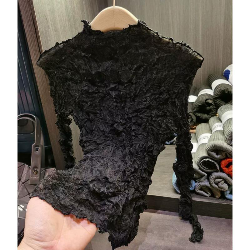 Pleated Wicker Long-Sleeved Base Layer Fashionable and Stylish Half-High Collar Slim-Fit Sun-Protective Base Layer Top Pleated Wicker Long-Sleeved Base Layer Fashionable and Stylish Half-High Collar Slim-Fit Sun-Protective Base Layer Top