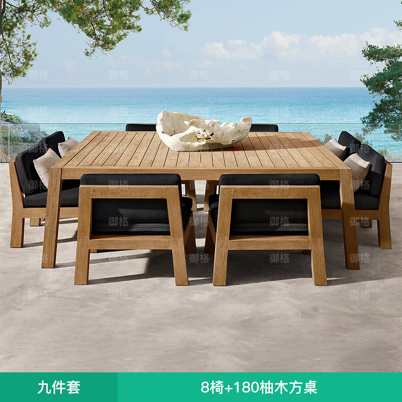 Mesa y silla de teca al aire libre patio al aire libre jardín impermeable muebles de ocio villa diseñador de protección solar mesa larga de madera maciza