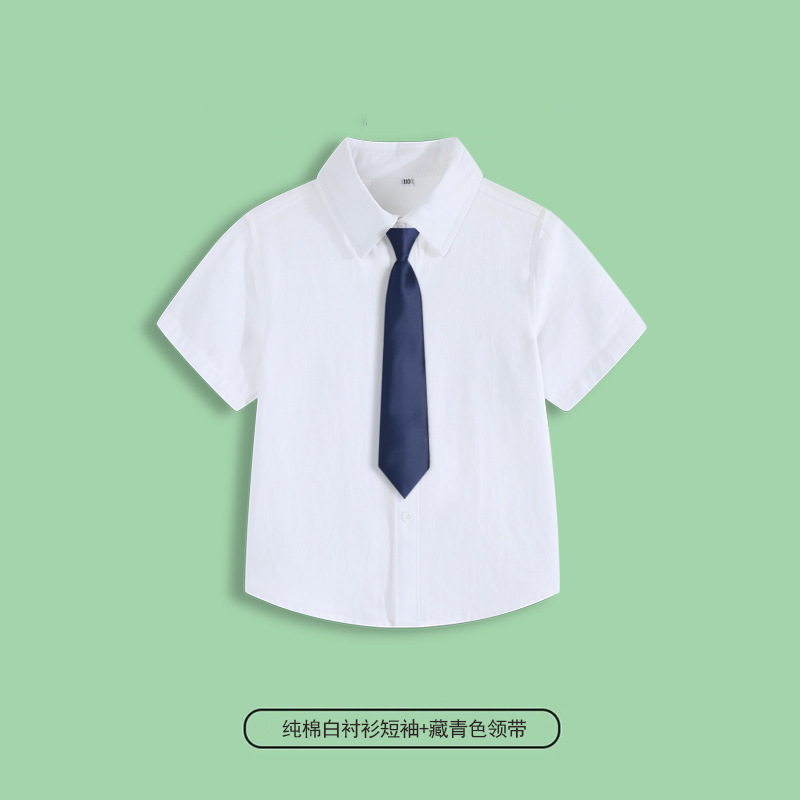 Camisa blanca manga corta 100% algodón + corbata azul marino / 110cm