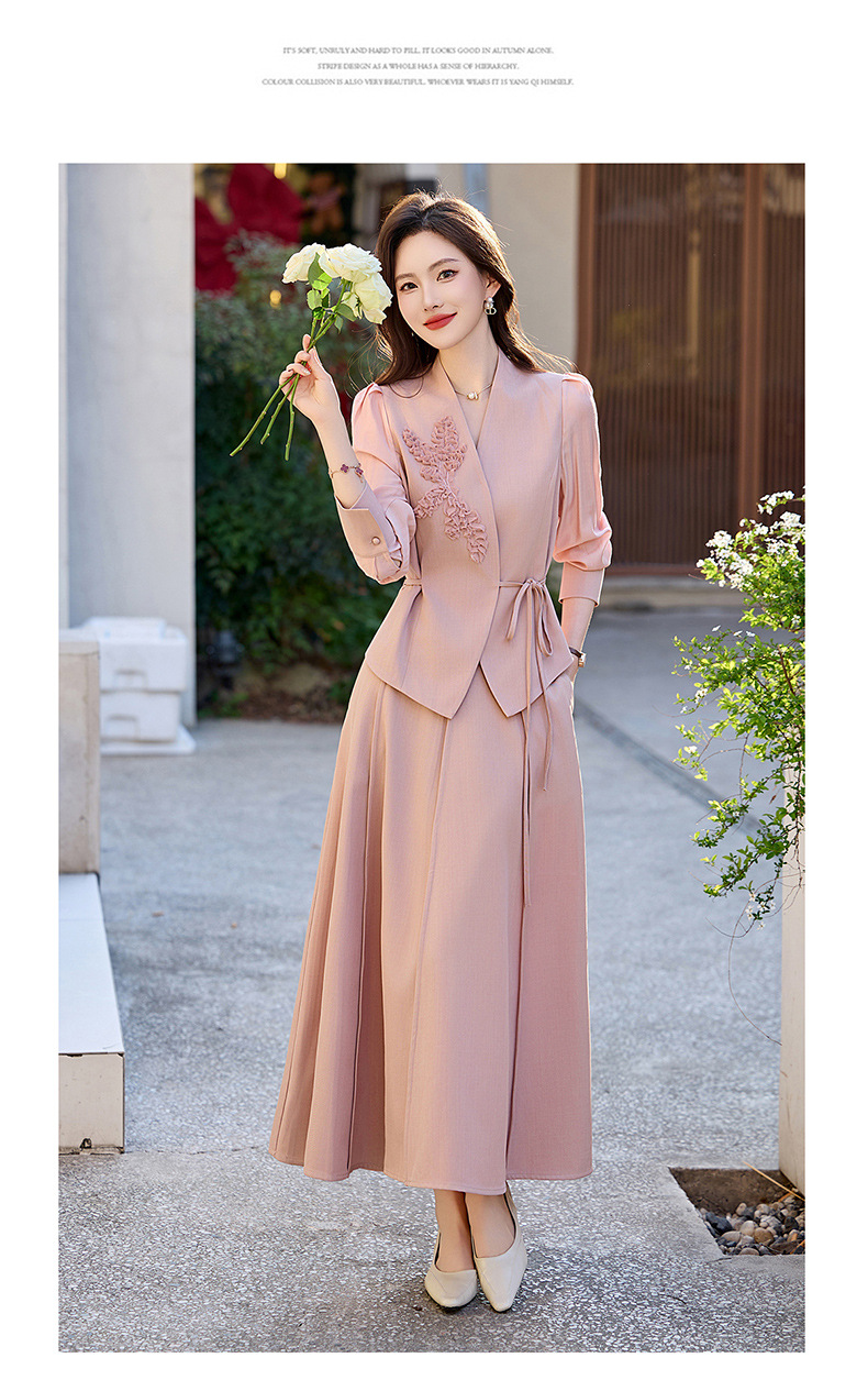 Bộ áo khoác thêu hoa nổi và chân váy midi hai mảnh mùa xuân hè 2025 JX2513 — Màu hồng, Màu đỏ chi tiết 25