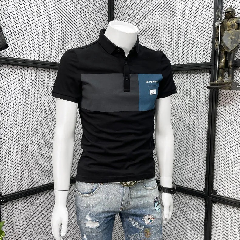 Summer Men's Lapel Short-sleeved Polo Shirt Pure Cotton Trendy Printed Youth Business All-match Half-sleeved Bottoming Paul Shirt
