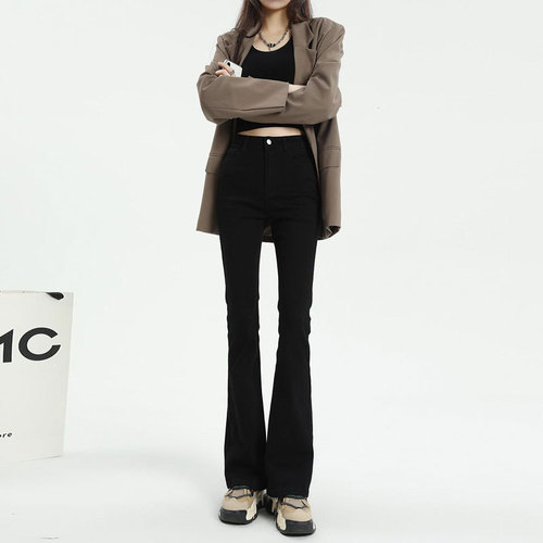 Black mini-jeans for women, spring outfit, petite size, tight high-waisted elastic Mary Jane pants, spicy style, straight leg flare pants