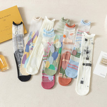 日系卷边卡丝袜女棉底玻璃丝女袜韩版甜美插画袜子休闲中筒水晶丝