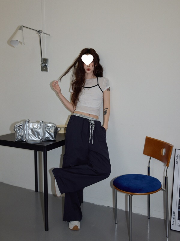 吵吵家设计感假两件休闲裤女2025夏慵懒宽松垂感直筒拖地阔腿裤|undefined