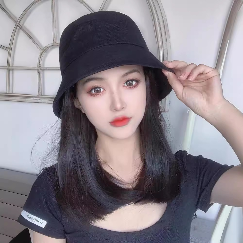 Peluca de sombrero de pescador peluca femenina hebilla interior de media longitud Peluca de pelo recto desmontable Peluca de sombrero Peluca de clavícula al por mayor