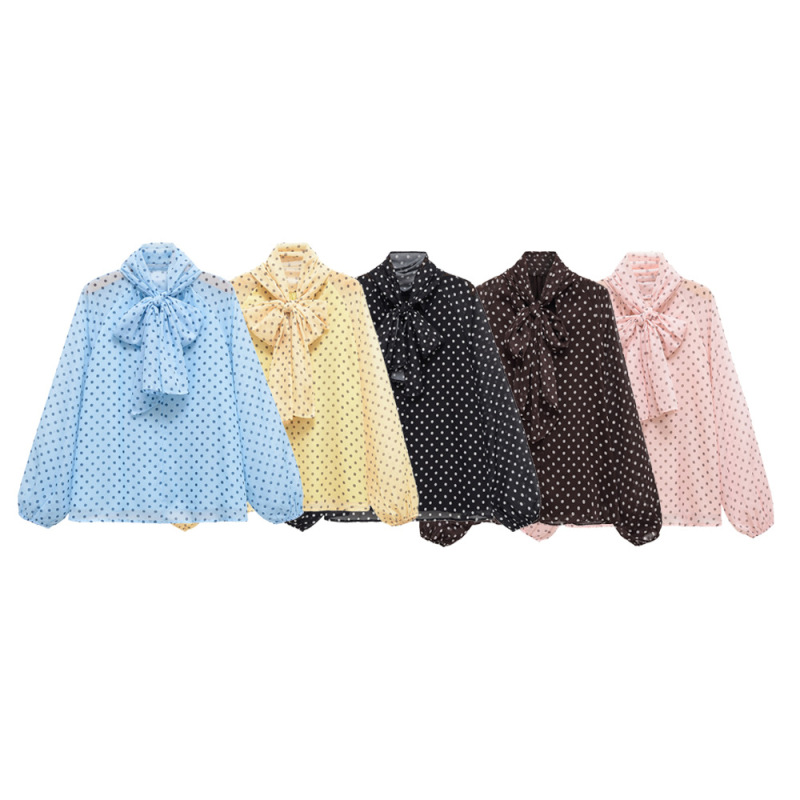 Pb&Za Summer New Cross-Border Women's Clothing European and American Style Elegant Stand-Up Collar Polka Dot Shirt with Bow Decoration 1165237