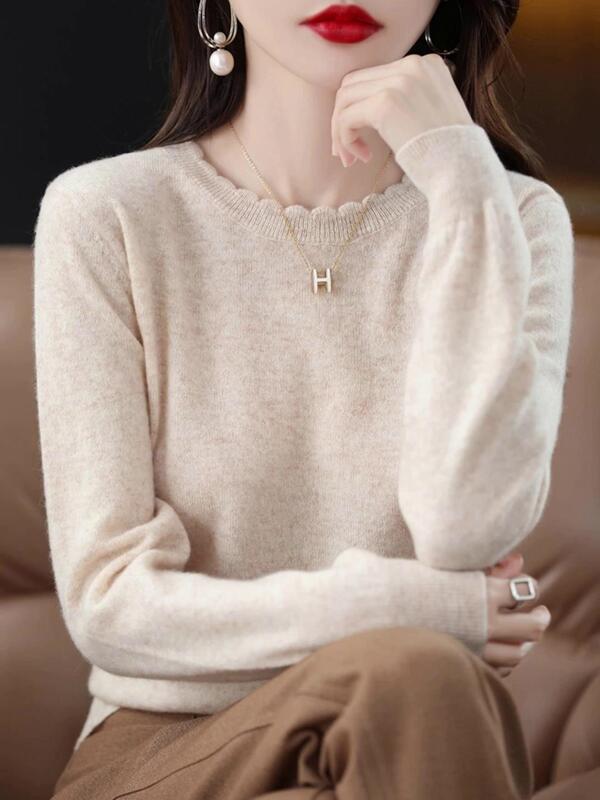 Soft Waxy Casual Lace Crewneck Base Shirt Women's New Western Style Autumn and Winter 2024 Sweater Long Sleeve Sweater Loose