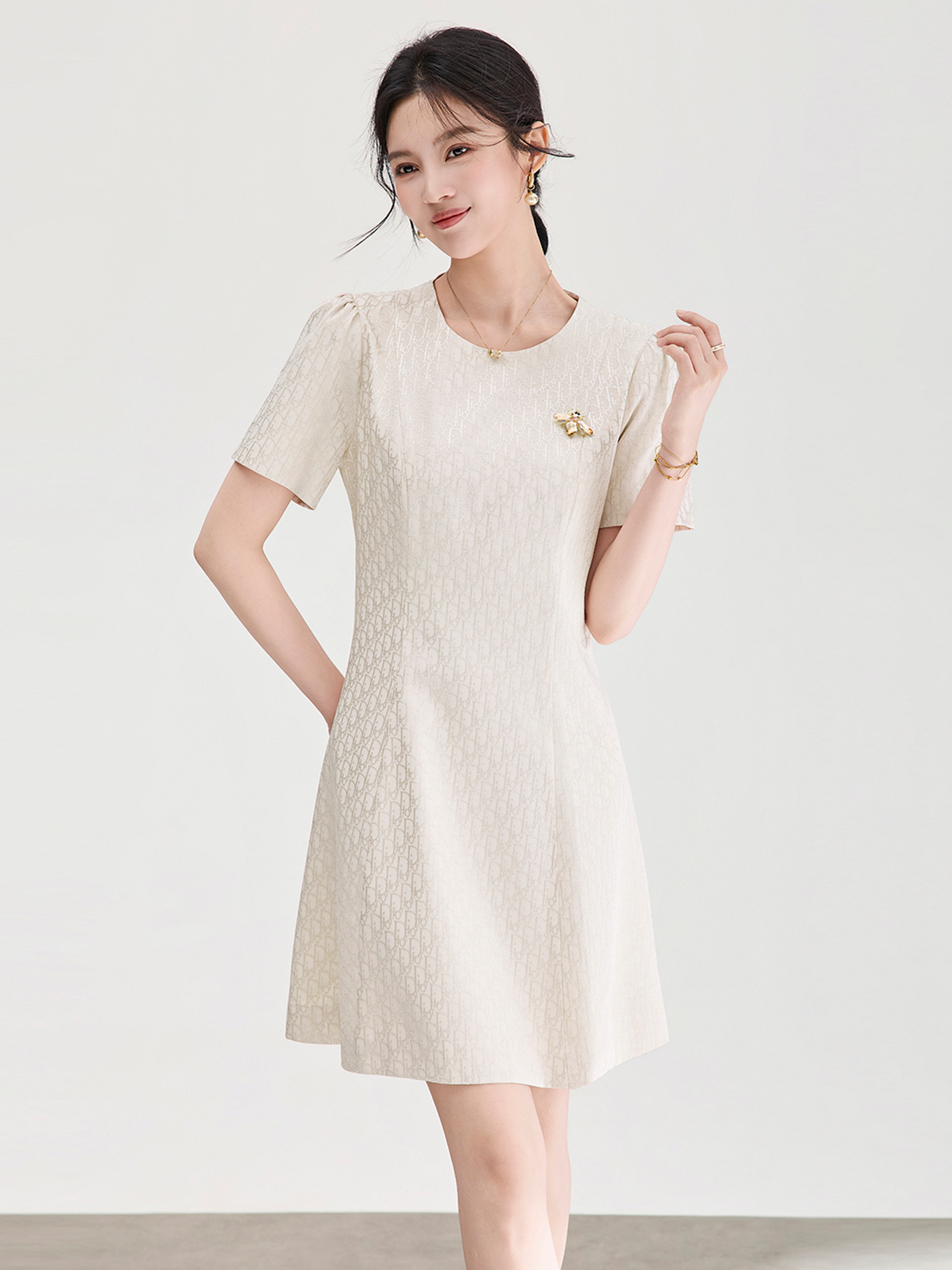 Đầm ngắn tay thắt eo jacquard kiểu dáng thanh lịch mùa hè — màu hồng