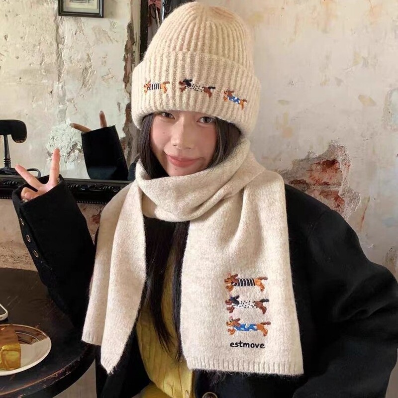 刺绣帽子围巾套装氛围感毛线柔软围脖情侣学生可爱小狗加厚针织帽|undefined
