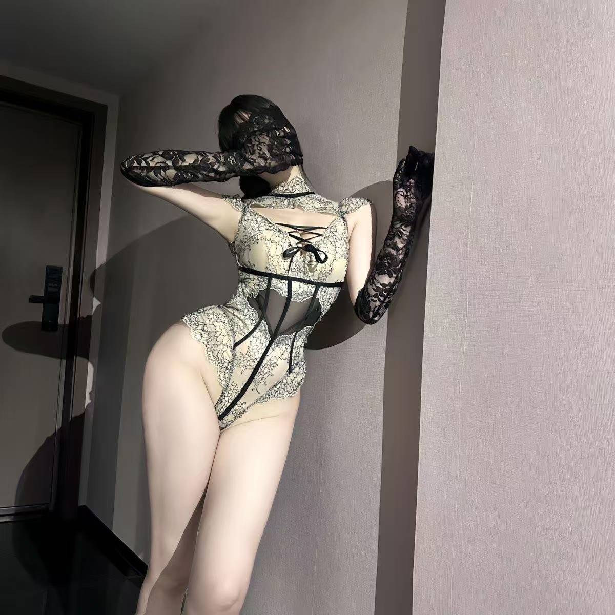 French-Style Roleplay Bodysuit Set with Stockings, Gloves and Blindfold — detail image 5