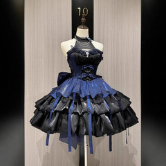 黒と青のホルターネックロリータスカート、特別なピュアセクシーロリータトレインチュチュスカート、甘い女の子のバレエスタイルのプリンセススカート、女性用