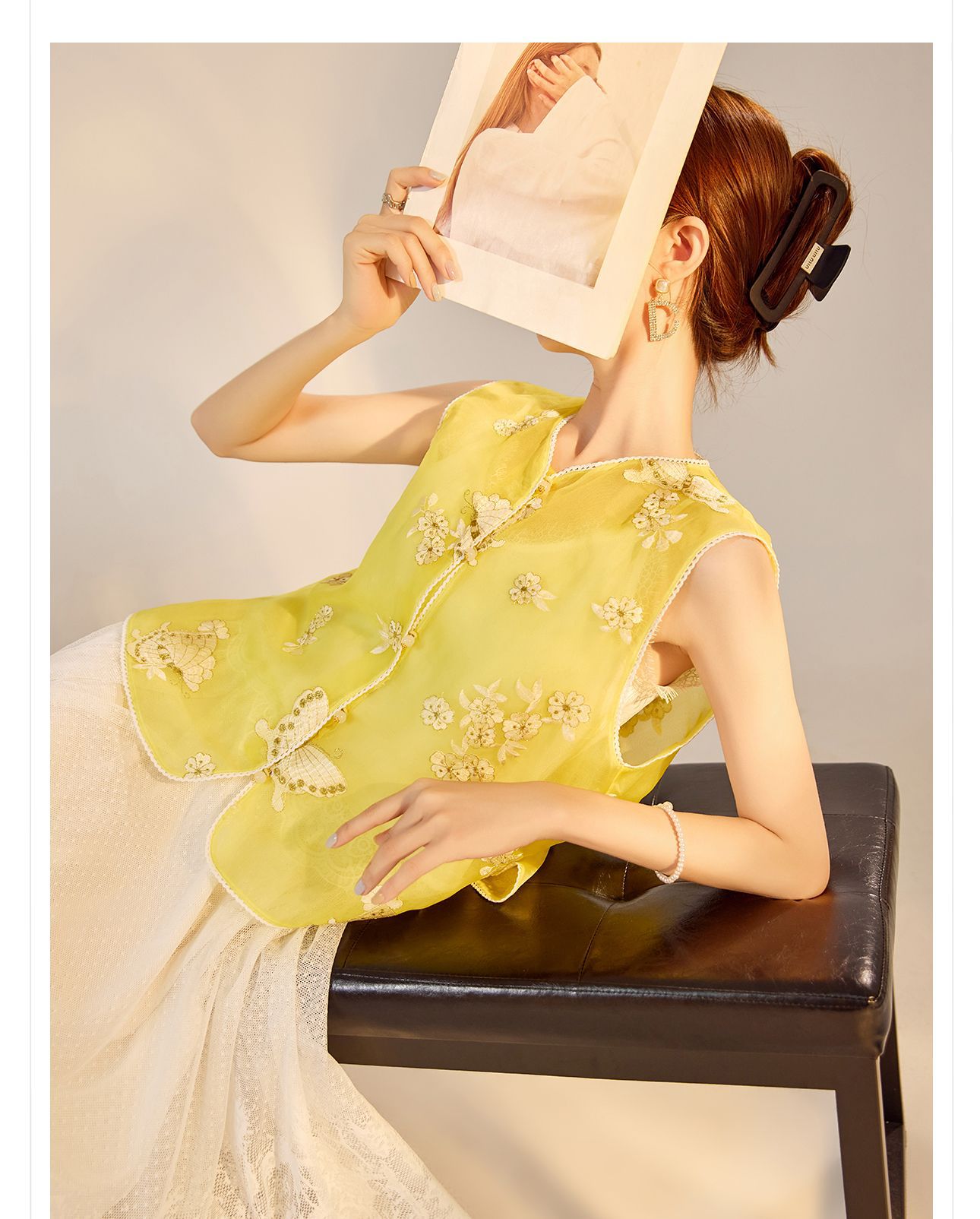 Áo vest lụa tơ tằm thêu bướm phong cách Trung Hoa mới mùa hè — Màu vàng sữa, Màu trắng be chi tiết 15