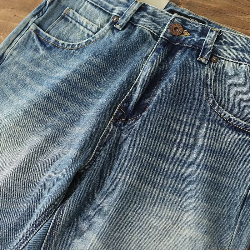 2023 nuevos pantalones vaqueros de los hombres lavados en dificultades pesado americano retro moda casual color claro flaco Pantalones rectos