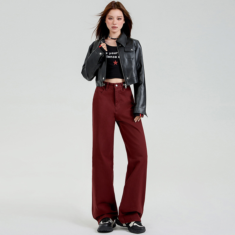 Ankara Red Wide Leg Jeans Women's Autumn and Winter New Loose Lazy Relaxation Straight Leg Pants