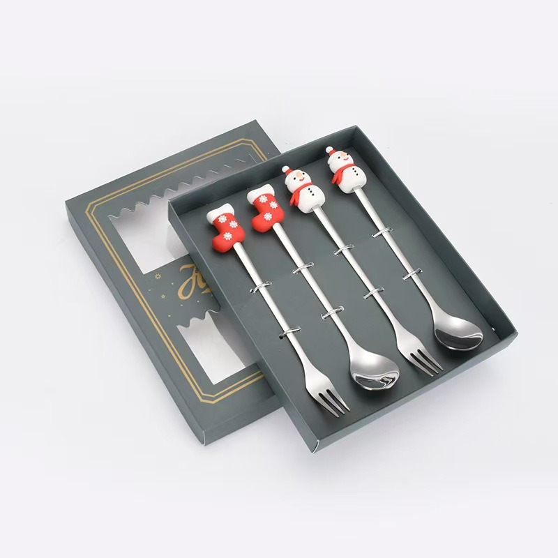 Cucharas de acero inoxidable transfronterizas muñecas de Papá Noel cubiertos cajas de regalo caseras de café mezclador cucharas de postre horquilla de frutas
