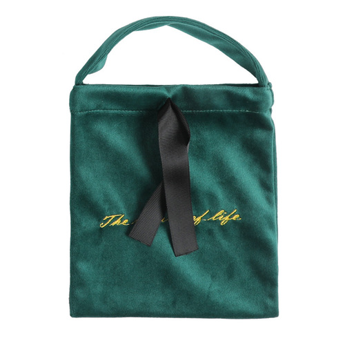 High-end velvet embroidered shoulder strap pouch, luxury cosmetic storage bag, green dustproof small cloth bag with logo print