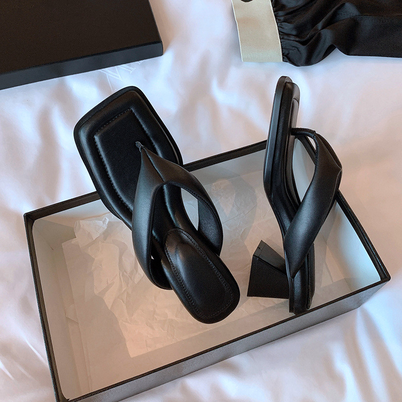 Dép sandal nữ xỏ ngón da cừu mũi vuông gót thấp — Màu đen chi tiết 25