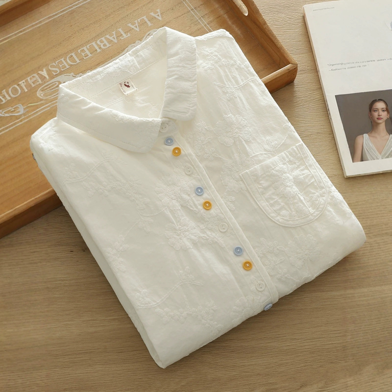 Gentle Petite Lace Embossed Plum Blossom Embroidered Colorful Button Pure Cotton Right Shoulder White Shirt Women's Long-Sleeved Bottoming Shirt for Work Clothing Gentle Petite Lace Embossed Plum Blossom Embroidered Colorful Button Pure Cotton Right Shoulder White Shirt Women's Long-Sleeved Bottoming Shirt for Work Clothing
