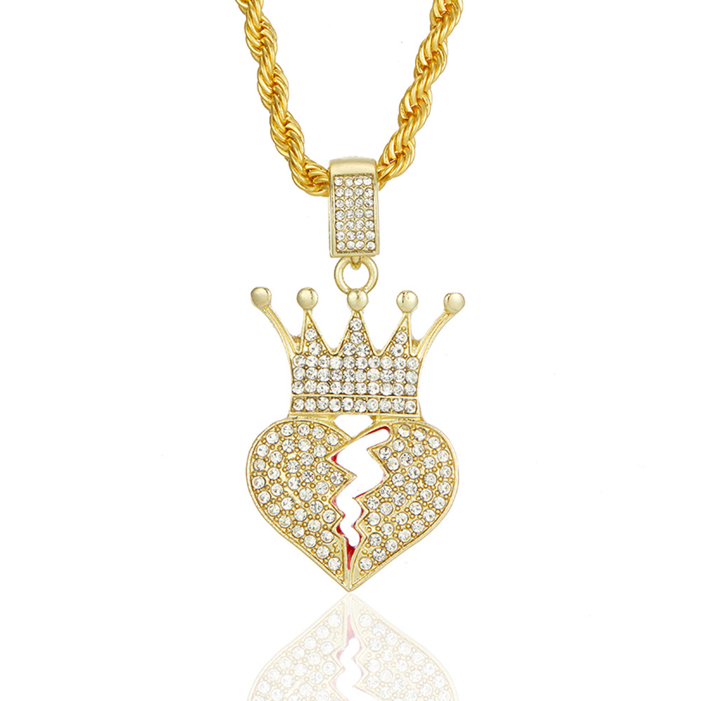 Love Crown Broken Heart Pendant Necklace With Full Diamond Detail_voghion.com