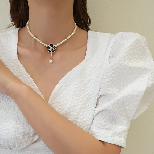 C208 Camellia Necklace Light Luxury Niche Pearl Necklace Women's Summer Fresh and Sweet Flower Clavicle Necklace New Style