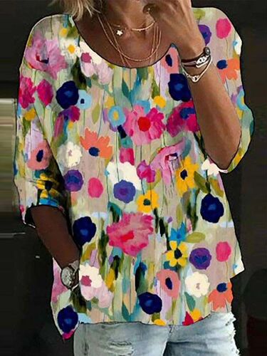 2024 Amazon TEMU Women's Quick-Dry Printed Floral Crewneck Casual Loose Top—Fashionable and Versatile, in European and American Style