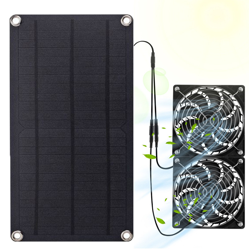 10W 12V单晶太阳能排气扇 太阳能电池板供电双风扇 防水鸡舍宠物
