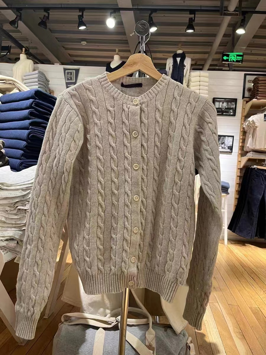 BM style new twist knitted round neck cardigan coat for women bm navy blue sweater outer wear long sleeve outer wear short top