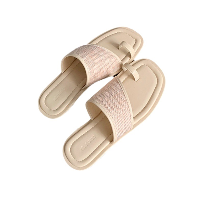 Uva mamá mismo estilo ocio elegante ~ casual verano Square toe Flip toe paja costura plana zapatillas para las mujeres