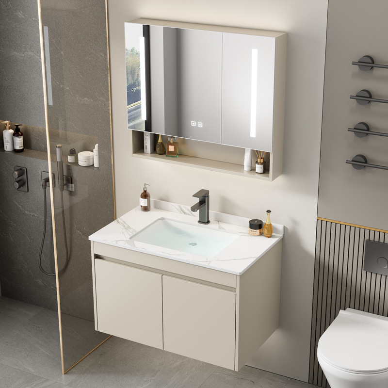 Cream-Style Space Aluminum Honeycomb Door Bathroom Cabinet Integrated Washbasin Vanity Sink Cabinet Set