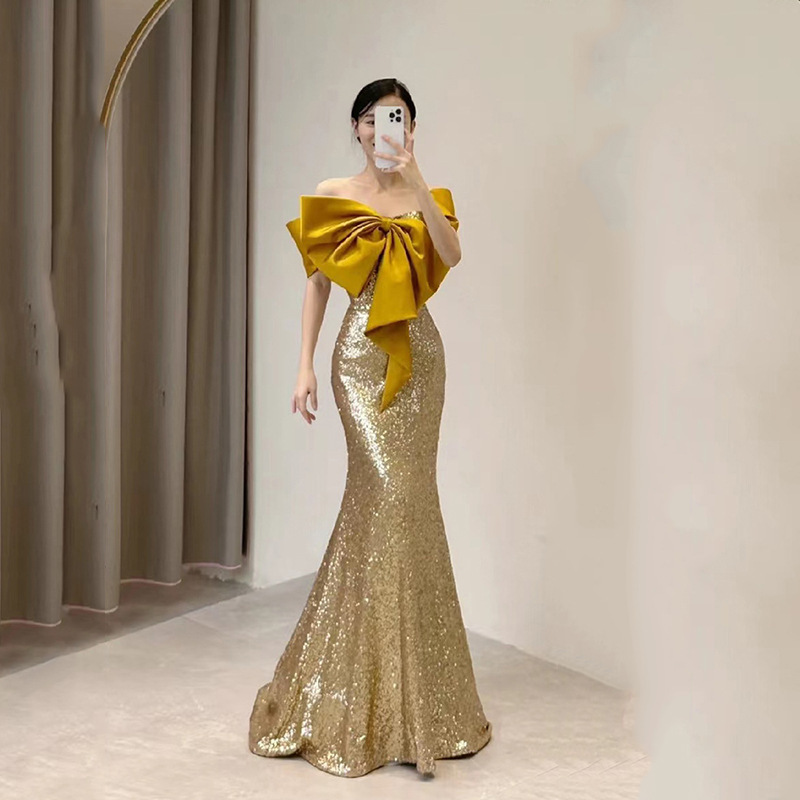 Golden evening dress women's high-end banquet host high-end light luxury niche annual meeting sequined fishtail dress toast dress Golden evening dress women's high-end banquet host high-end light luxury niche annual meeting sequined fishtail dress toast dress