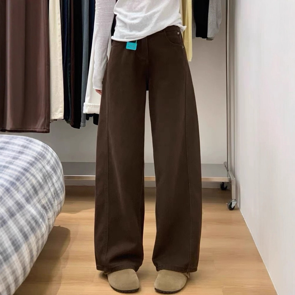 Maillard Coffee-Colored Curved Knife Jeans for Women 2025 Autumn and Winter Fleece-Lined High-Waisted Loose Slimming Look Draped Loose Wide-Leg Pants