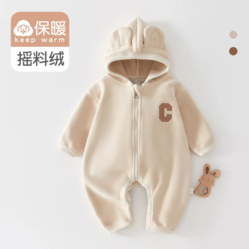 Детский утепляющий overall, демисезонная бархатная куртка для новорожденных с капюшоном для ушей, повышенная толщина