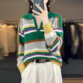 秋冬新款纯羊毛衫女V领Polo领毛衣条纹撞色宽松针织打底衫显瘦