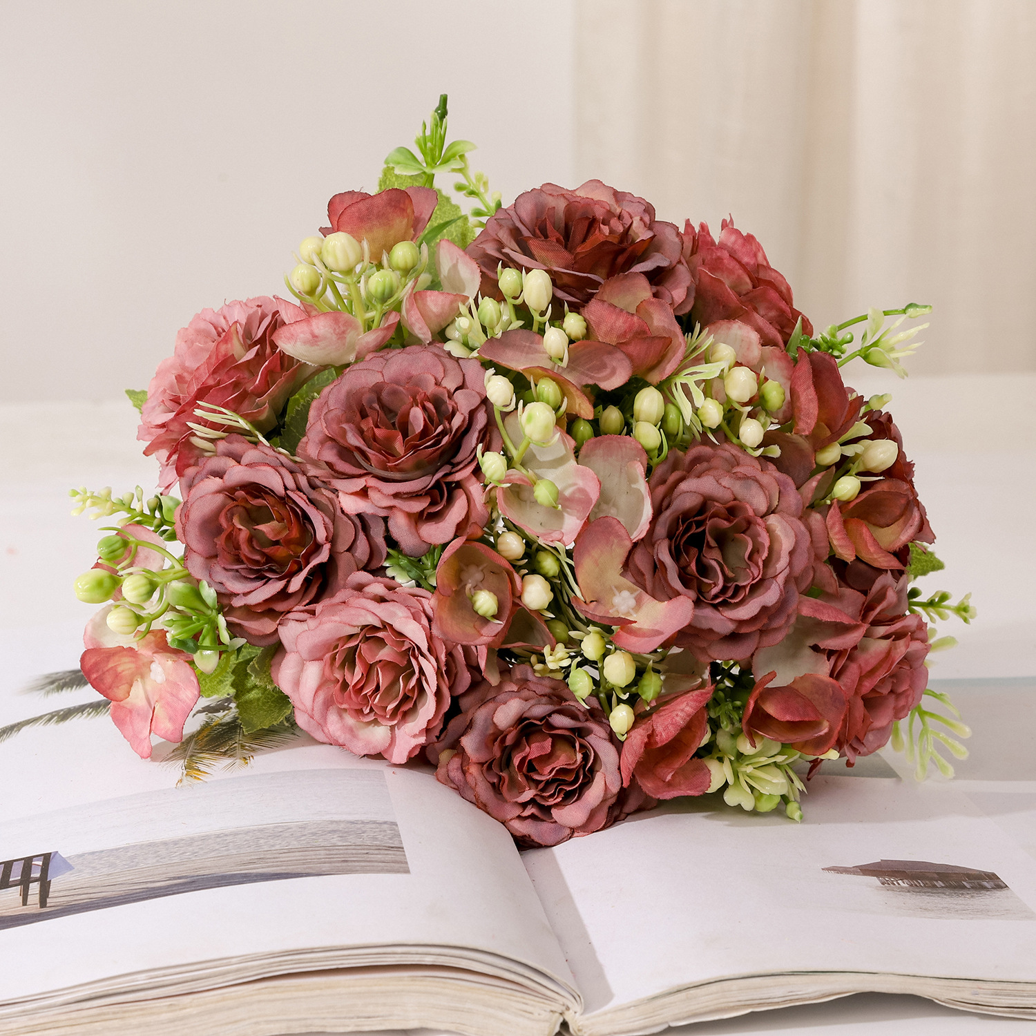 Flores artificiales, ramo decorativo, flores de plástico, rafia, peonía, rosa, arreglo floral, ramo individual, flores secas artificiales, decoración para sala de estar