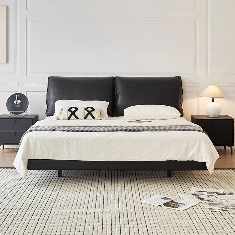Cama flotante de cuero de orejas de elefante, estilo antiguo italiano minimalista, cama doble negra de 1.8m, cama principal de matrimonio