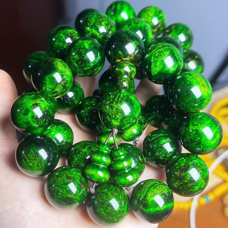 水墨丹青留疤琥珀木手串高端老料高油沉香全透光血龙佛珠手炼男女