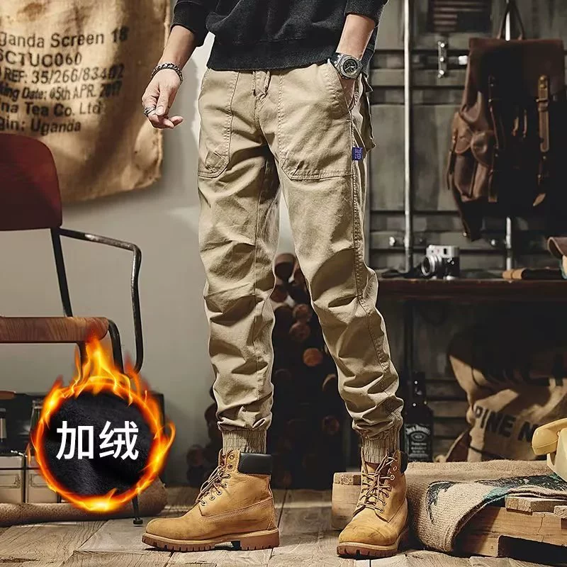 Зимние японские комбинезоны в стиле ретро с флисовой подкладкой, мужские и женские модные брендовые брюки с завязкой на щиколотке, повседневные мужские узкие брюки больших размеров, подходящие ко всему