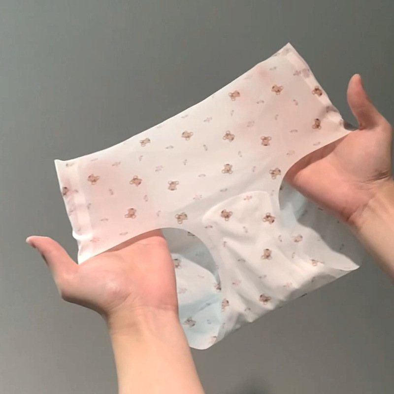 Ultra-Thin Ice Silk Panties for Women, Mid-Waist One-Piece Style, Cartoon Print with Cute Bear Design, Seamless Panties for Girls