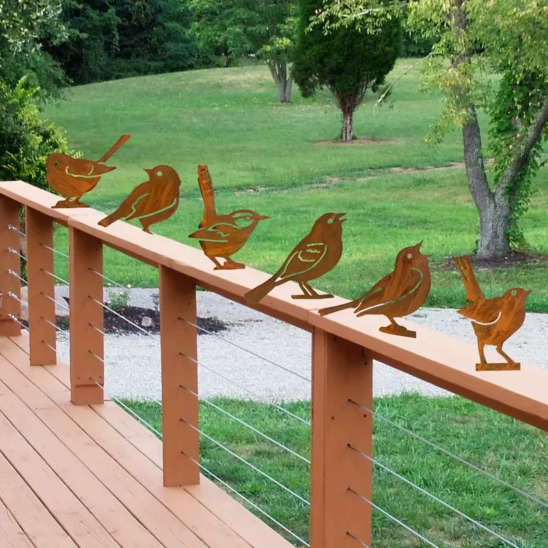 Набор из восьми предметов "Ржавая птица" для украшения сада и двора, милые садовые декорации, железные украшения для улицы, заземляющие колышки для птиц.