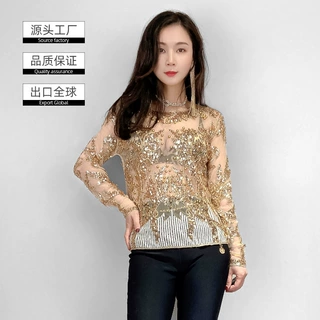 欧美新款性感网纱重工钉珠亮片圆领套头钉泡女装上衣跨境女装