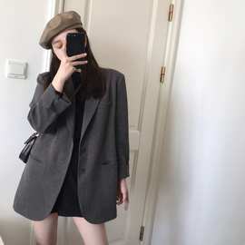 深灰色西装外套女2024韩版春秋新款设计感小众复古港风职业小西服