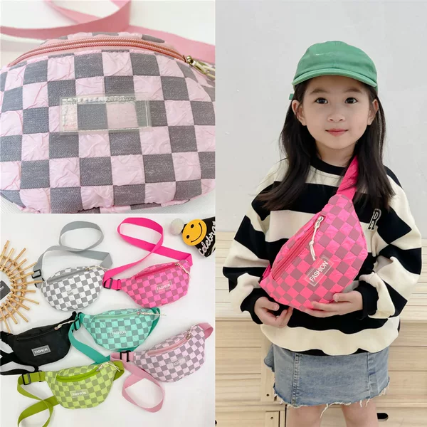 New Checkered Children's Chest Bag Wholesale, Color-Blocking Shoulder Bag, Trendy Crossbody Bag, Lightweight Sports Waist Bag