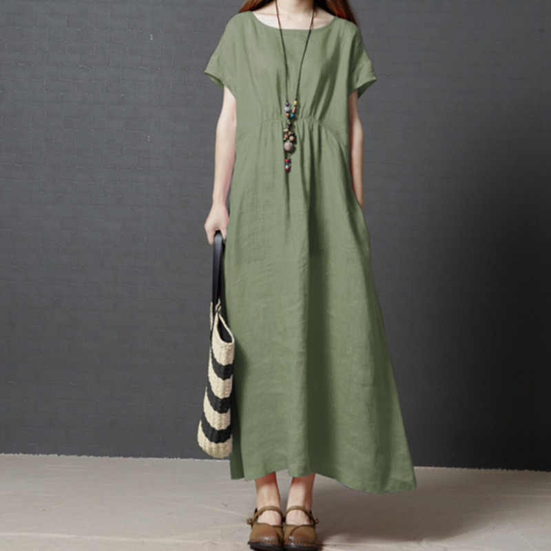 Cotton and Linen Dress Short-sleeved 2022 New 7-color Autumn Elegant Mid-length Skirt Slimming Popular Women's Wear Lengthened Plus Size