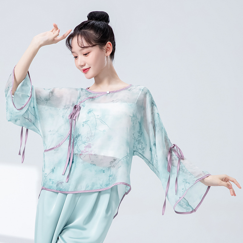 新中国風古典舞踊衣装 女性用 新作 梅の花模様の絞り染めガーゼ衣 エレガントな中国風 シンプルで爽やかな舞台衣装 練習着|undefined