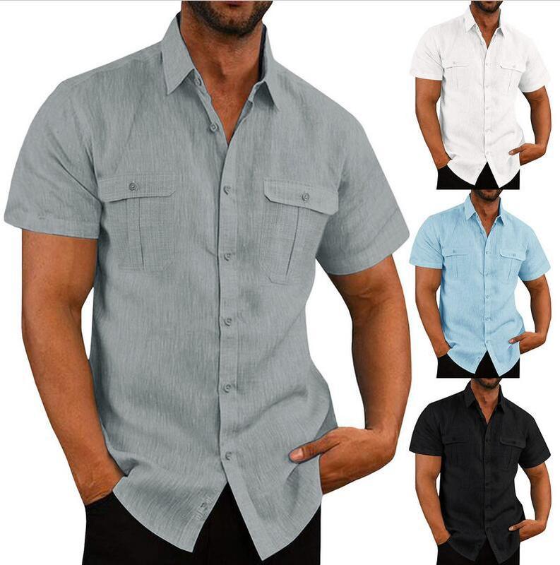 Cross-Border Aliexpress Ebay European and American Men's Shirts Double-Pocket Cotton-Linen Short-Sleeve Shirts Casual Vacation Shirts 10 Colors