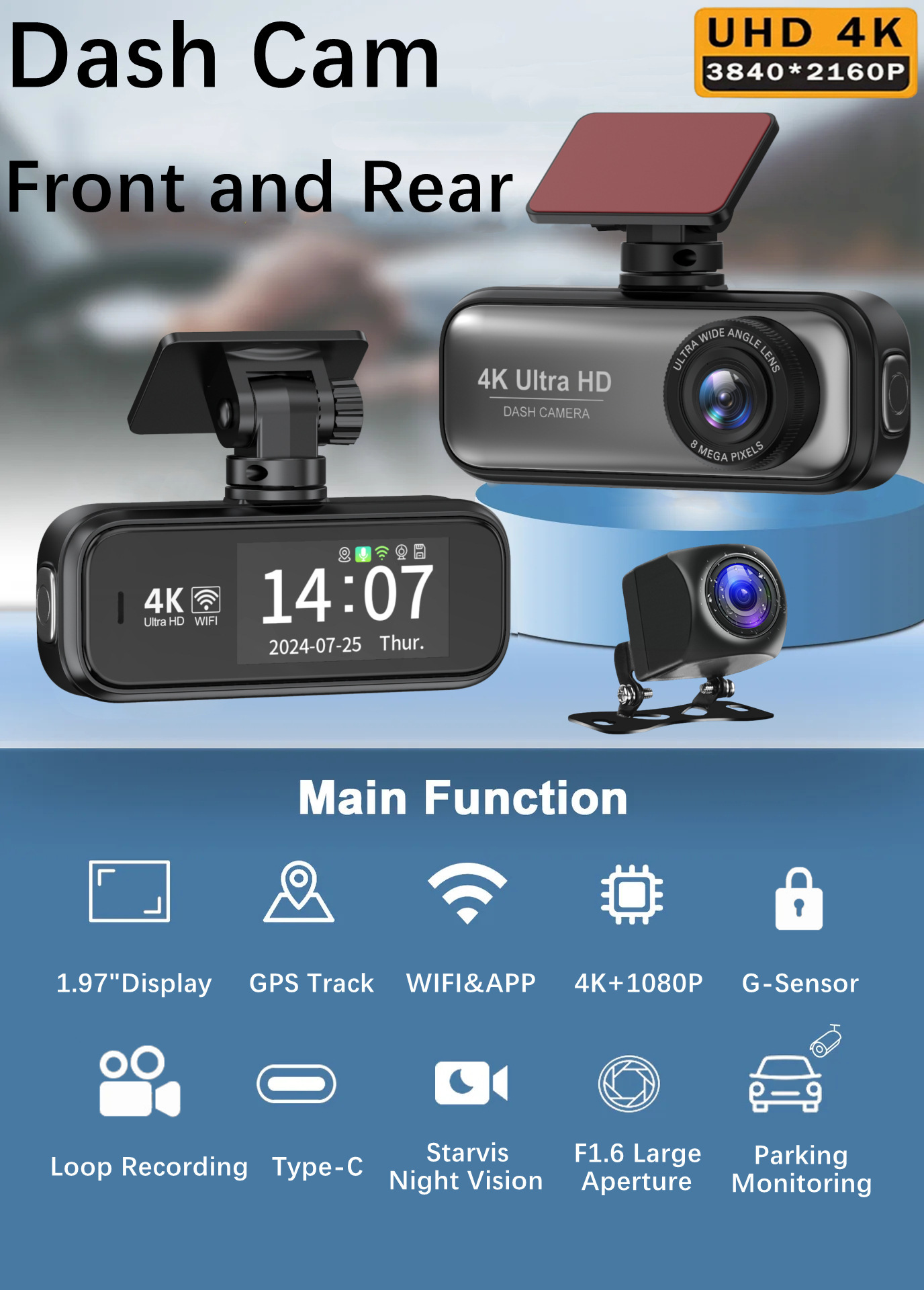 4K Ultra-High Definition Dual-Recording Dash Cam with Wifi, Mobile Phone Connectivity, Gps Tracking, and Parking Monitoring