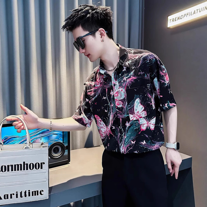 2025 New Summer Ice Silk Shirt for Men, Handsome Ins Trend, Versatile Hong Kong Style Wide Top, Hawaiian Flower Shirt