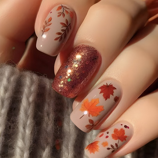 Chinese Style Square Armor European and American Maple Leaf Fake Nail suit 24 Nail Art Removable Cross-border Nail Pieces Retro Wear Cross-border Nail